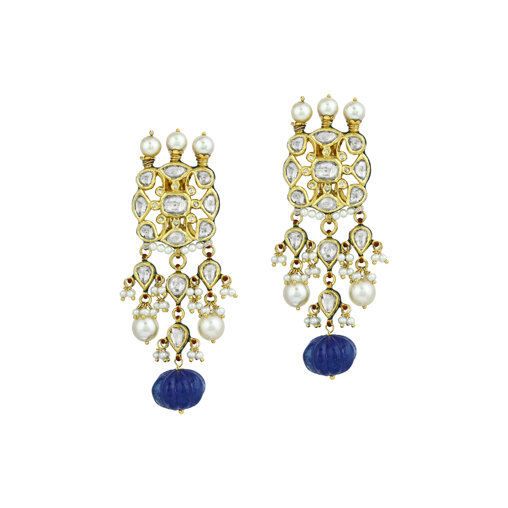 Polki Earring with Carved Blue Bead and Pearl Drops